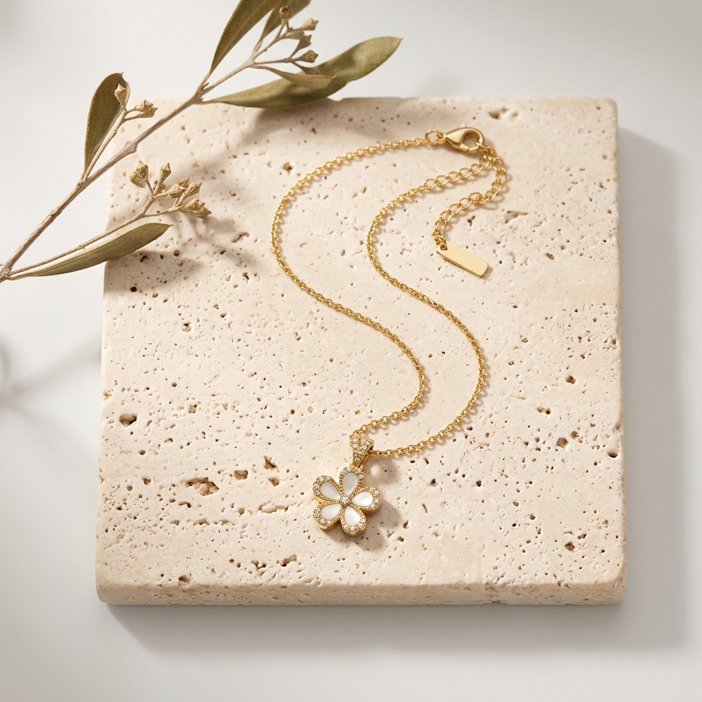 Collar Flor Giratoria Nácar — collares de acero con baño de oro 18k