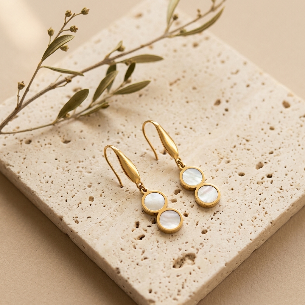 Pendientes Doble Nácar — pendientes de acero con baño de oro 18k