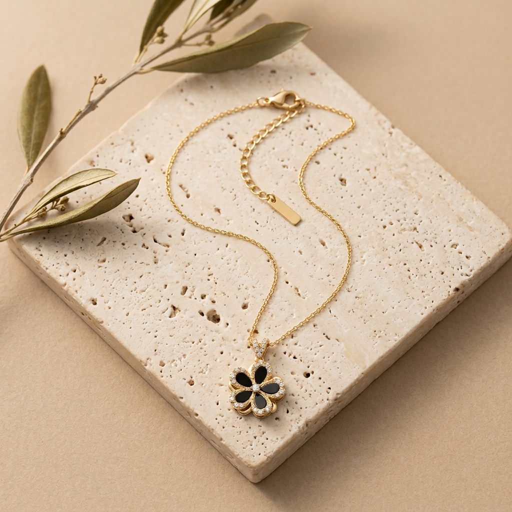 Collar Flor Giratoria — collares de acero con baño de oro 18k