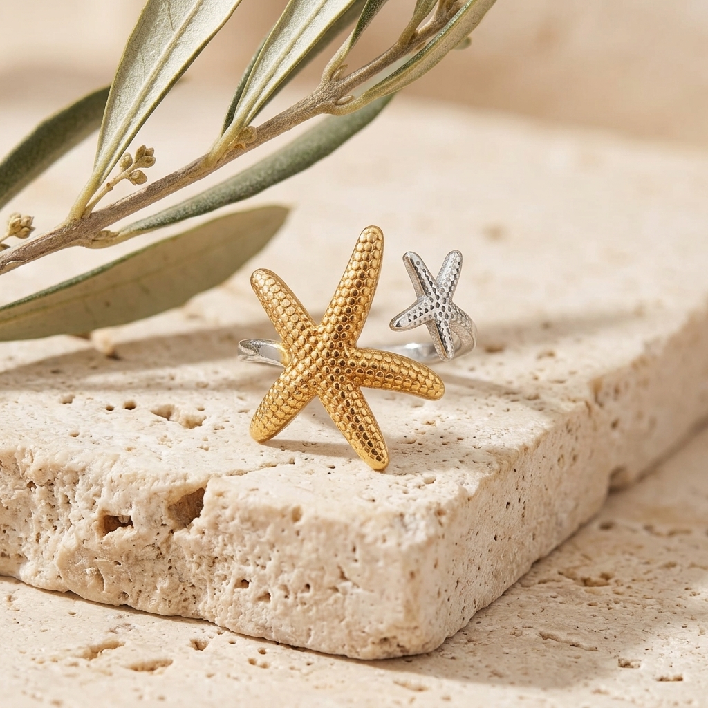 Anillo Doble Estrella de Mar — anillos de acero bicolor con baño de oro 18k