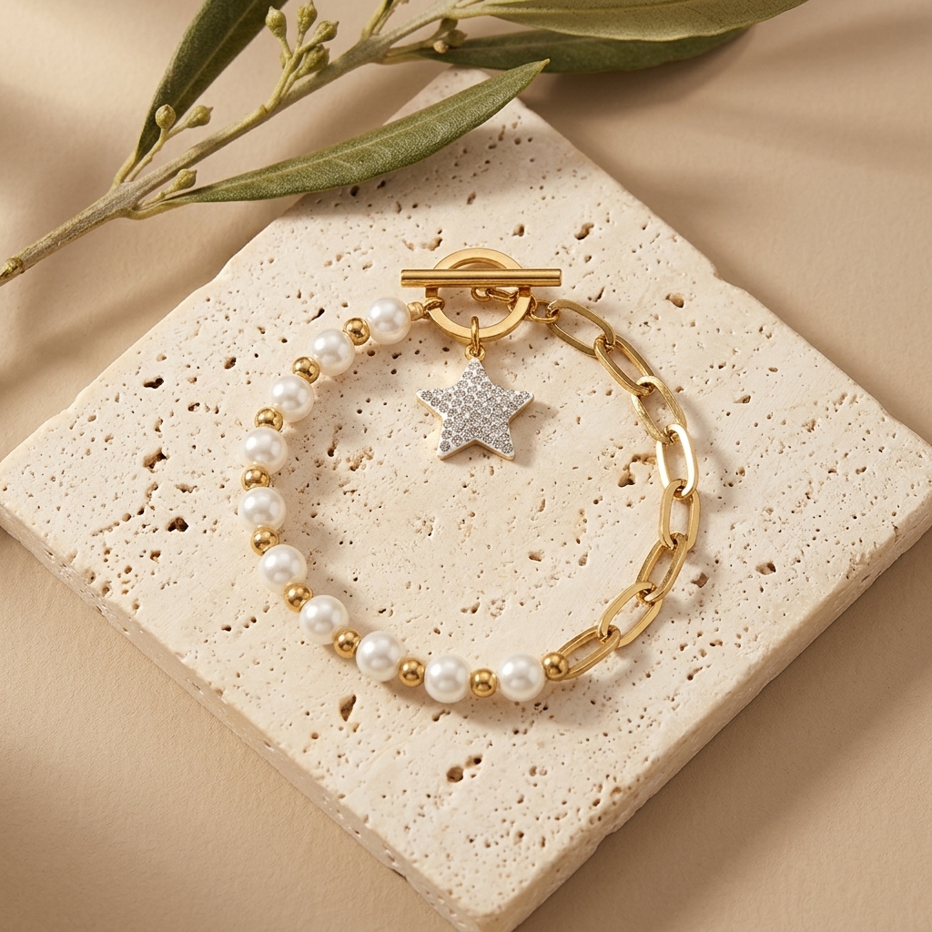 Pulsera Estrella Perlada — pulseras de acero con baño de oro 18k