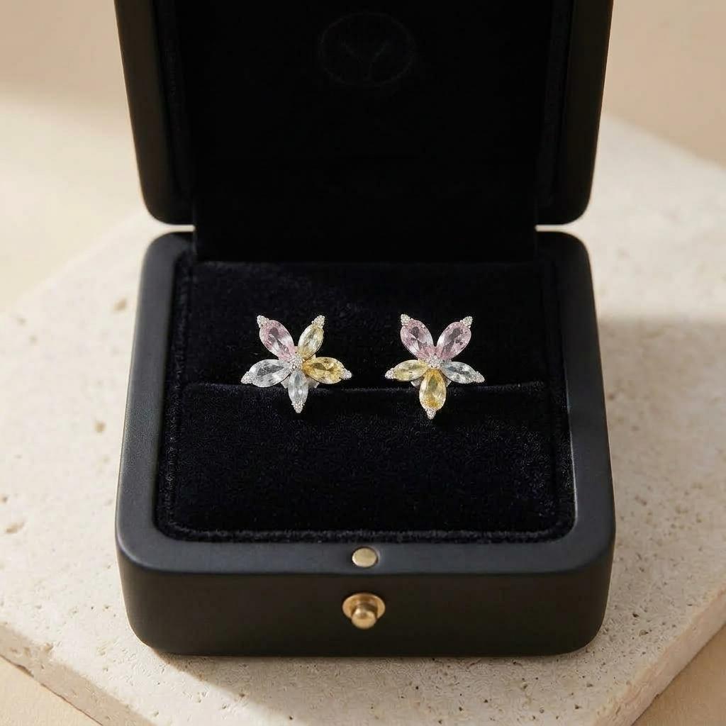 Pendientes Jardín de Cristal - Laminado oro blanco 14k - Aguja de plata
