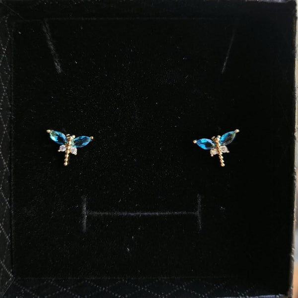 Pendientes Libélula Azul con baño de oro 18k